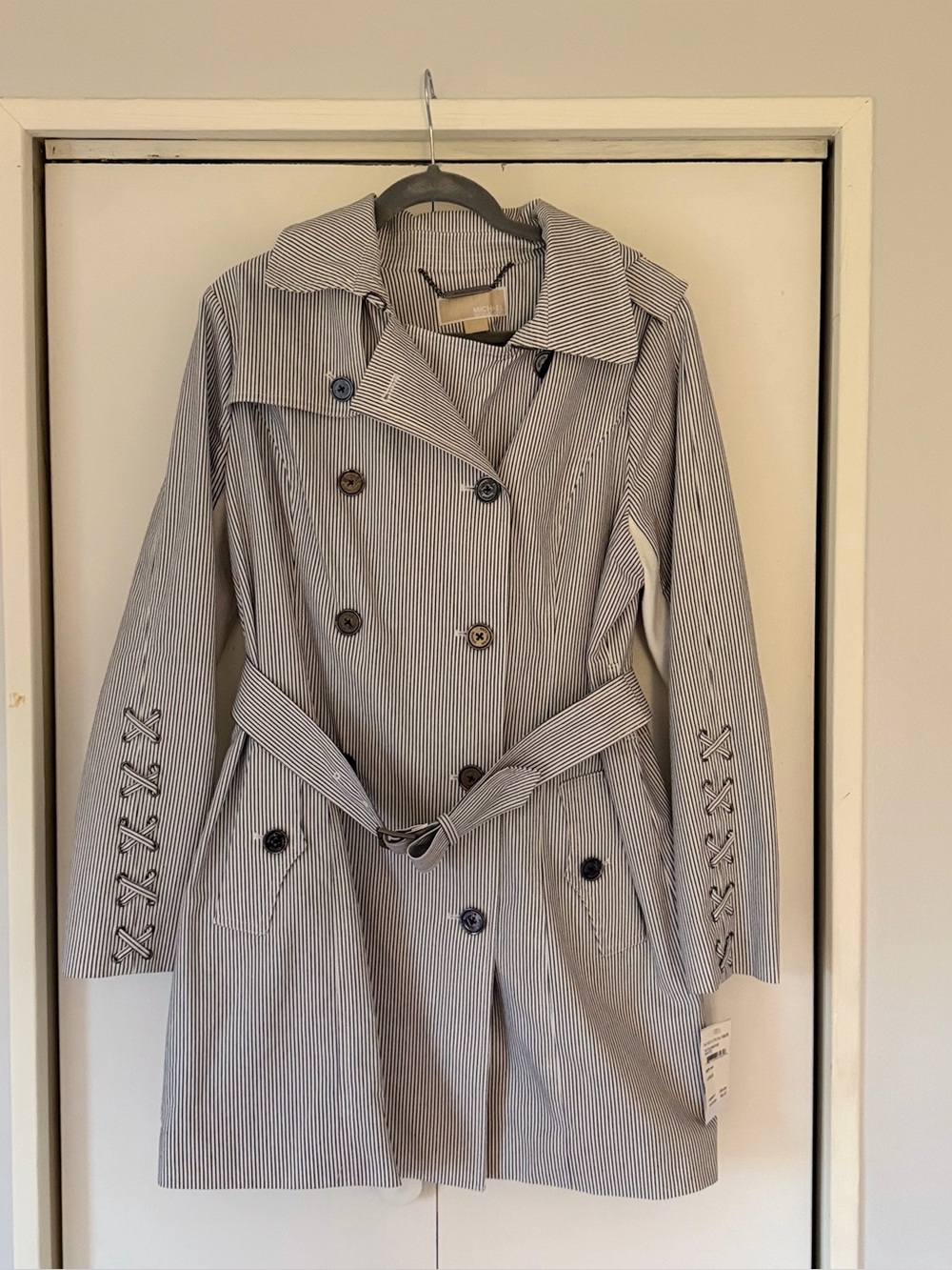 NWT! Michael Kors Grey and White Pinstripe Double-Breasted Trench Coat.